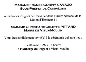 Invitation Légion d'Honneur Colette Pittard 1997