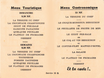 Le menu en 1960 Auberge du Mont Saint-Mard Vieux-Moulin